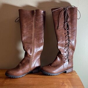 Brown Knee-High Lace-Up Boots